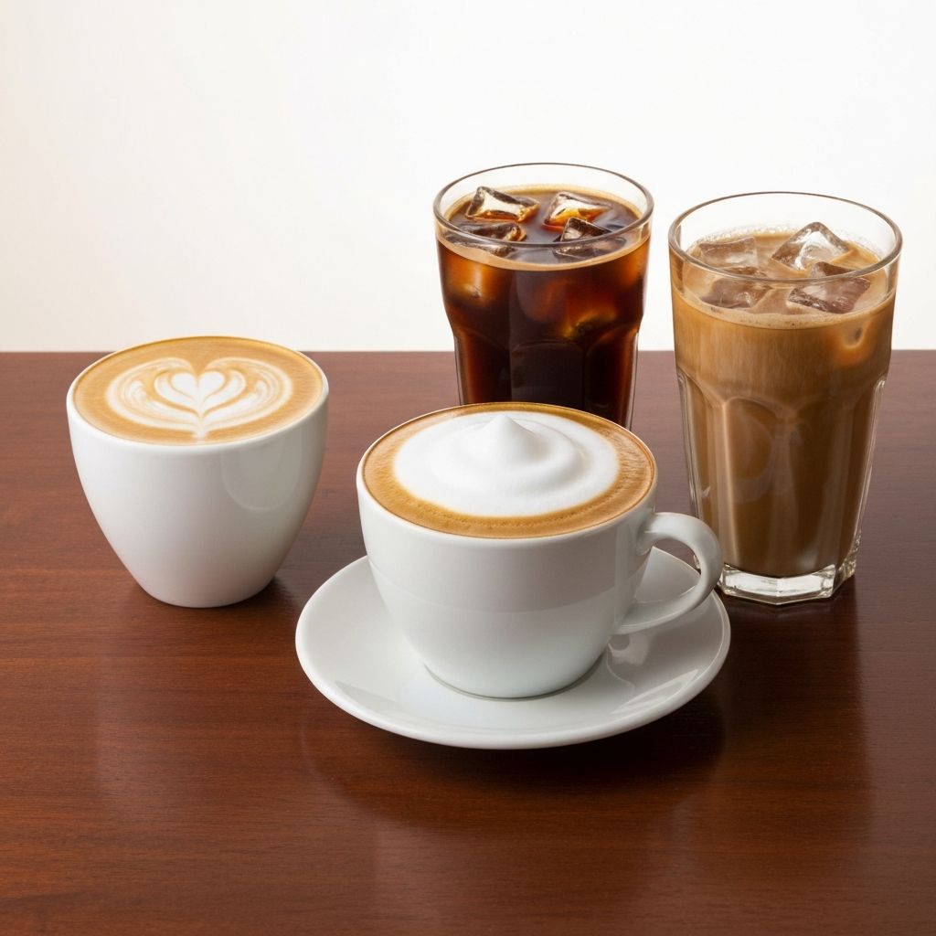 A lineup of hot and iced coffee drinks on a wooden counter
