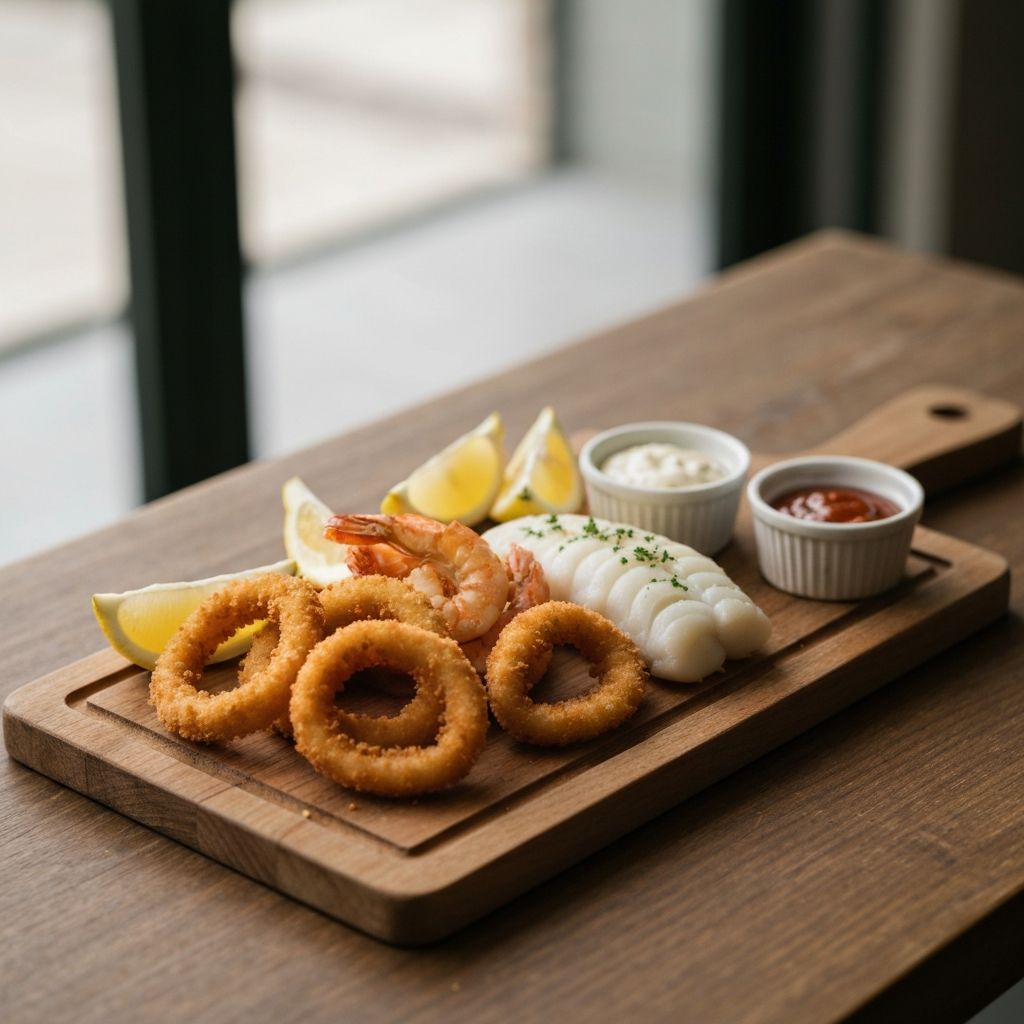 Wooden board with golden breaded calamari, shrimp, and cod with dipping sauces